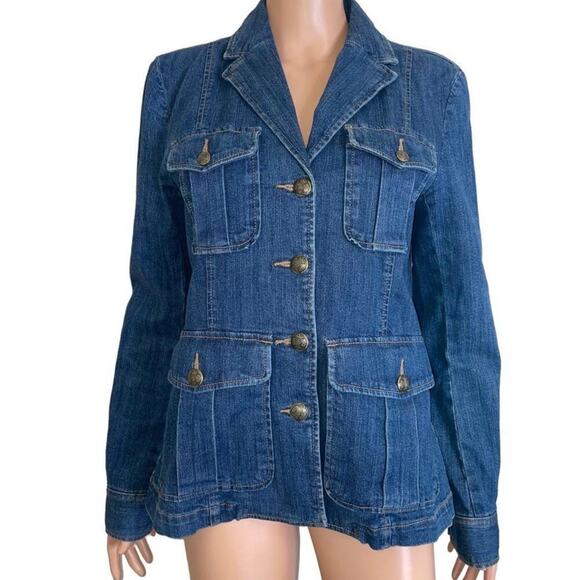 Chaps Denim Jacket Jean Blazer Button Front Utility Pocketed Long Sleeve SZ M - Picture 2 of 9